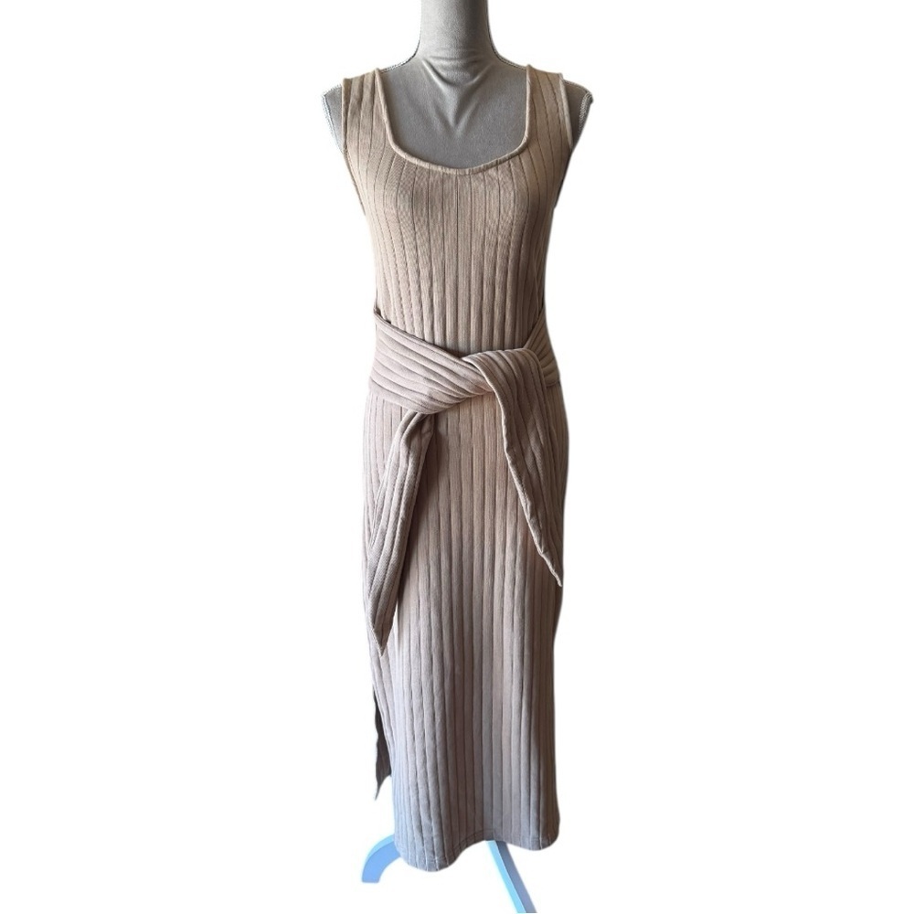 Sancia Ribbed Knit Maxi Dress XS Tan Beige Cotton Sleeveless Belted Tie Front - Picture 3 of 9